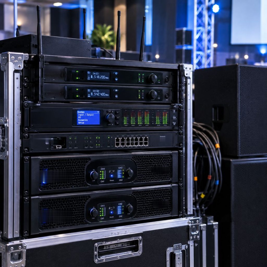 Rack of wireless receivers, processors and power amplifiers in a road case