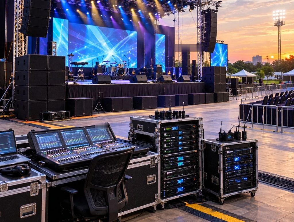 Complete live event sound system with line arrays, monitors, microphones and mixing console