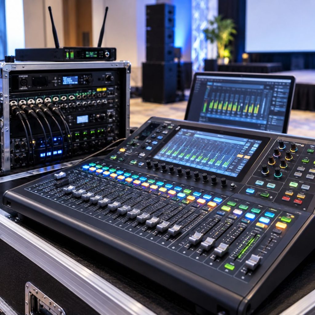 Digital audio mixing console with faders and touchscreen