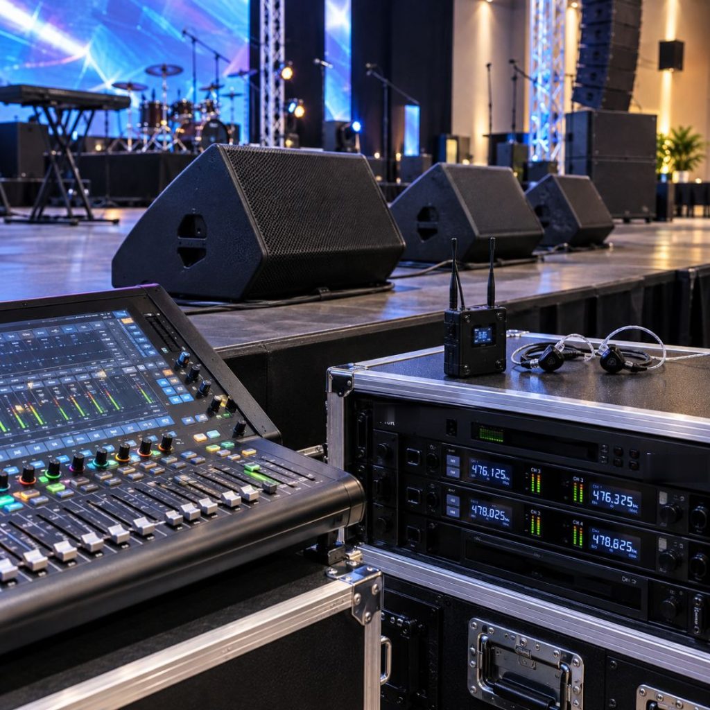 Stage monitor wedges, mixing console and in-ear monitor rack on a stage