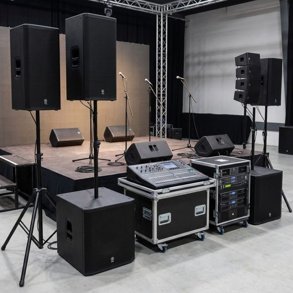 Professional PA speaker on a stand above a subwoofer at an event venue