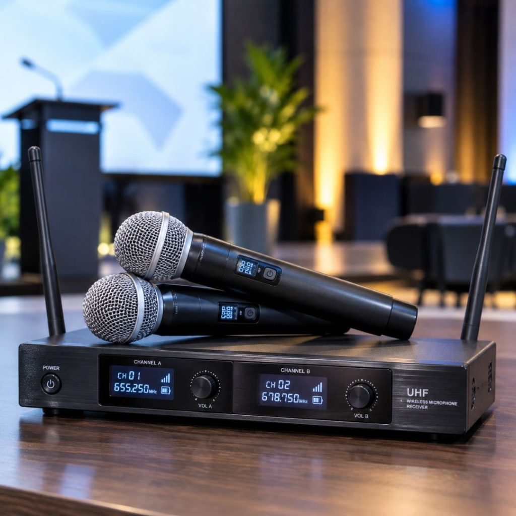 Wireless handheld microphones on a receiver at a conference stage