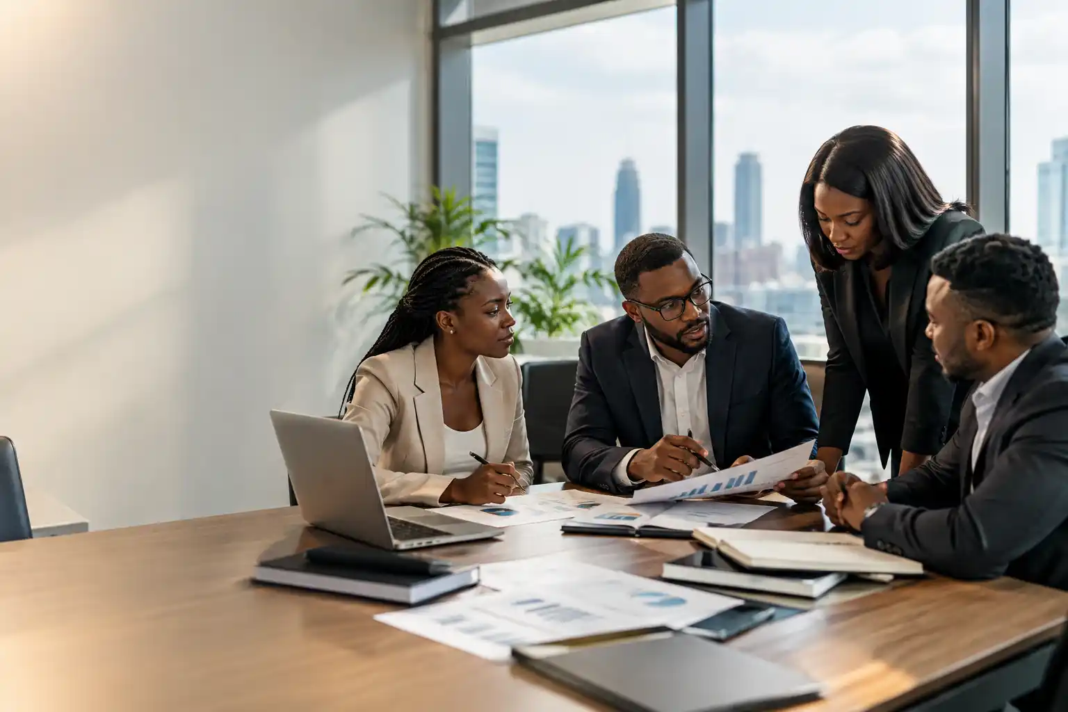 wide office meeting scene in a modern high rise co